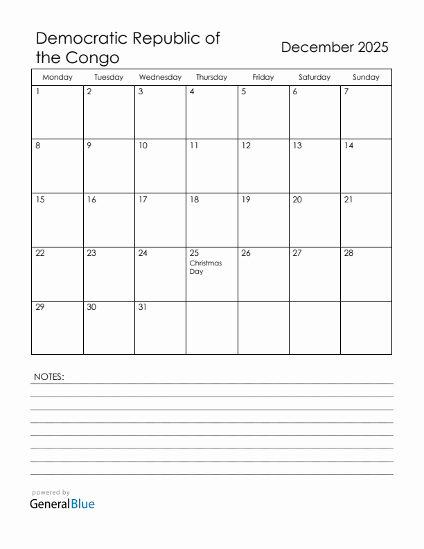 December 2025 Democratic Republic of the Congo Calendar with Holidays (Monday Start)