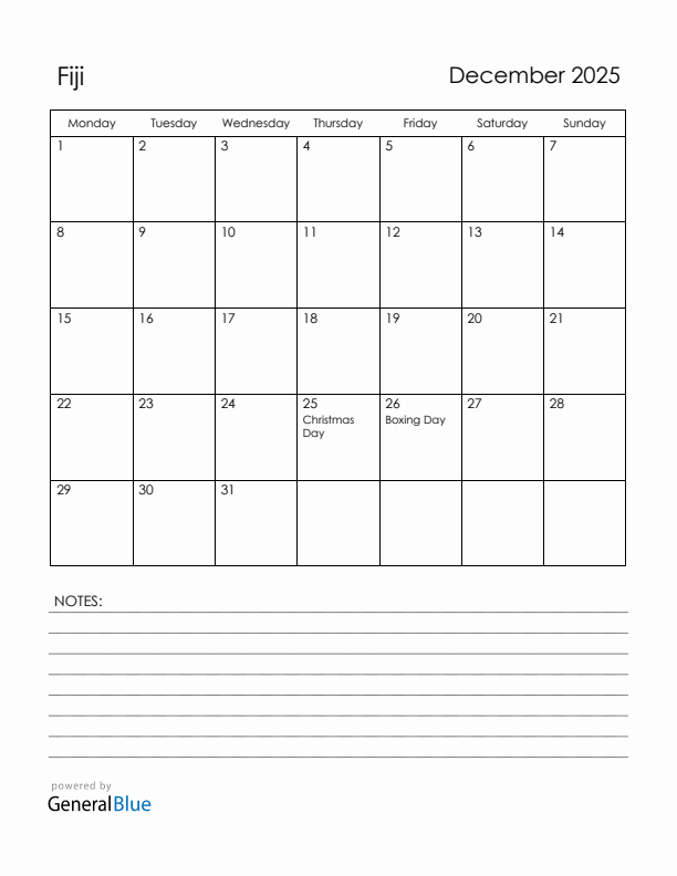 December 2025 Fiji Calendar with Holidays (Monday Start)