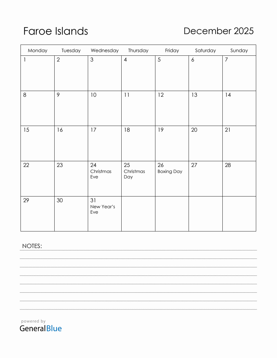 December 2025 Faroe Islands Calendar with Holidays (Monday Start)