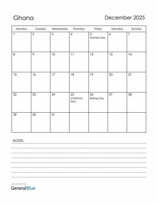 December 2025 Ghana Calendar with Holidays (Monday Start)