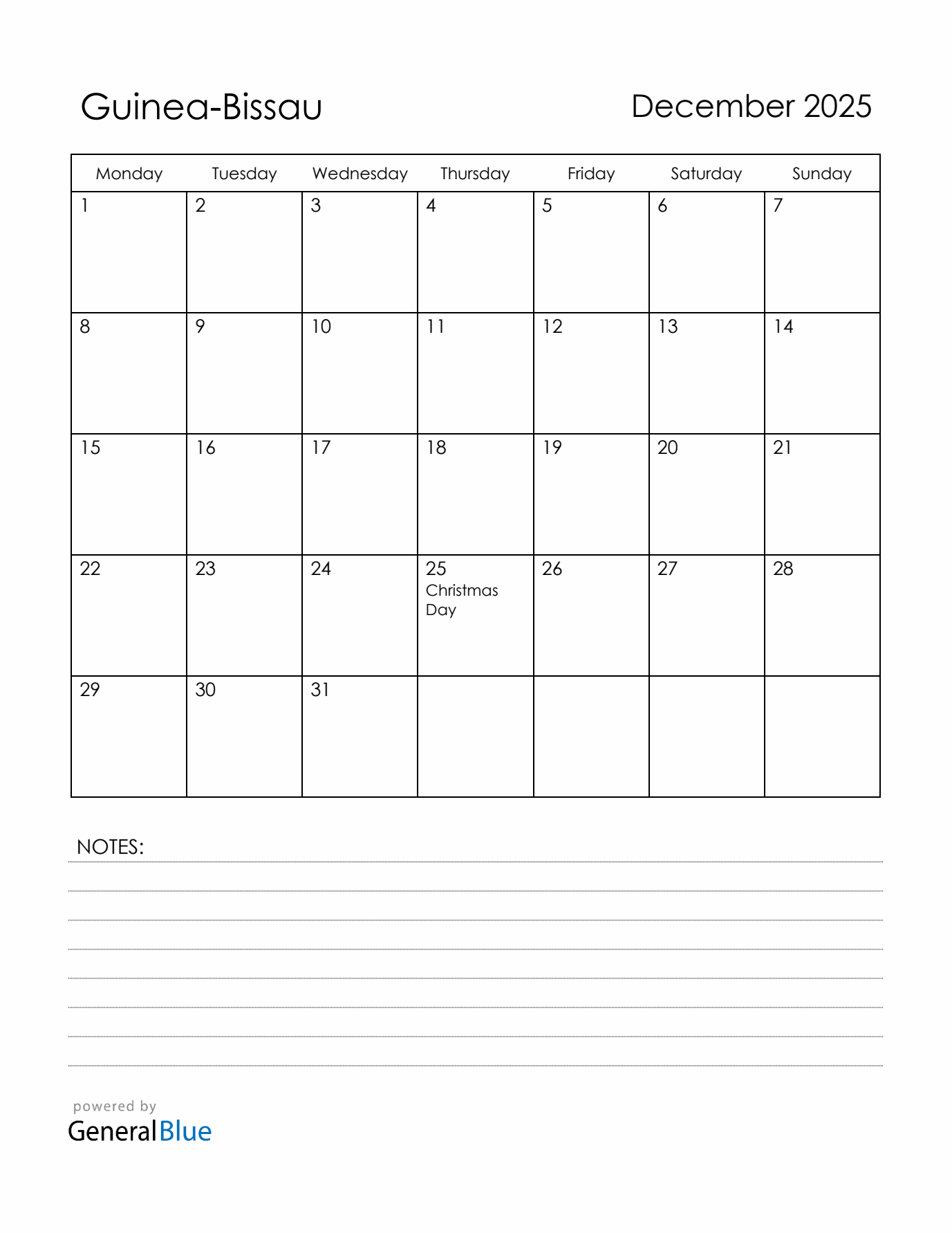 December 2025 Guinea-Bissau Calendar with Holidays (Monday Start)