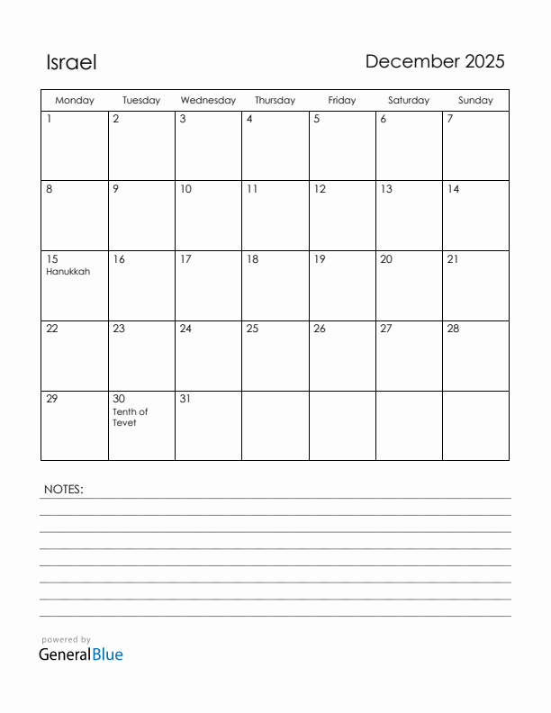 December 2025 Israel Calendar with Holidays (Monday Start)