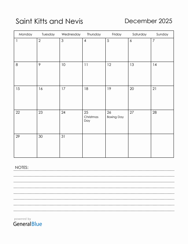 December 2025 Saint Kitts and Nevis Calendar with Holidays (Monday Start)