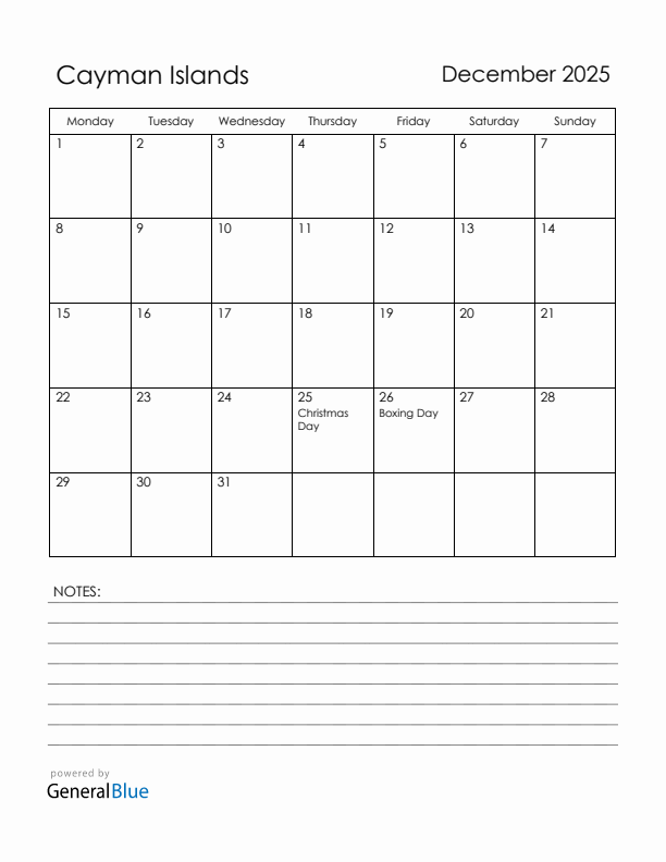 December 2025 Cayman Islands Calendar with Holidays (Monday Start)