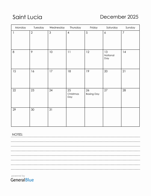 December 2025 Saint Lucia Calendar with Holidays (Monday Start)