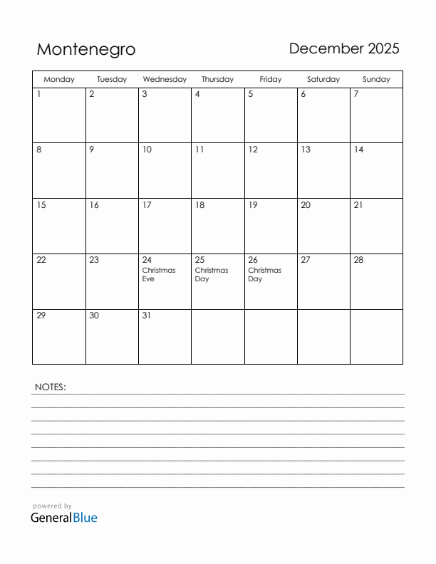 December 2025 Montenegro Calendar with Holidays (Monday Start)