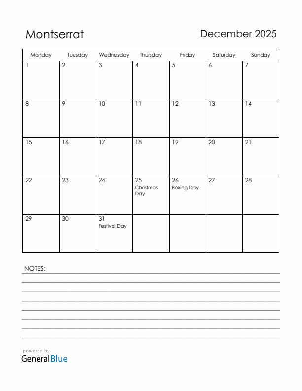 December 2025 Montserrat Calendar with Holidays (Monday Start)