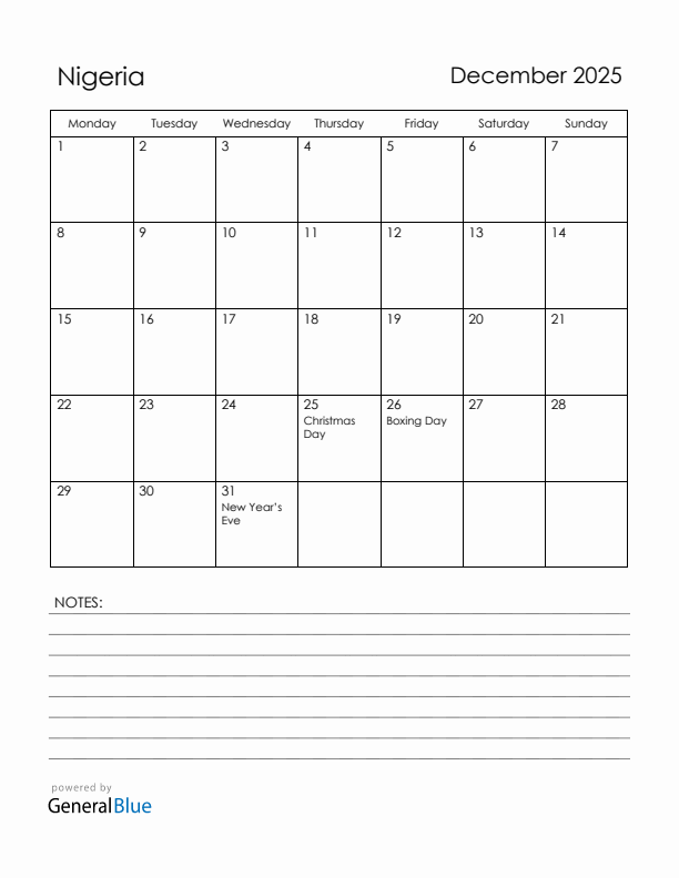 December 2025 Nigeria Calendar with Holidays (Monday Start)