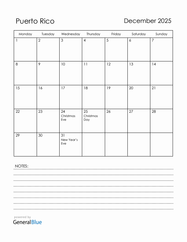 December 2025 Puerto Rico Calendar with Holidays (Monday Start)
