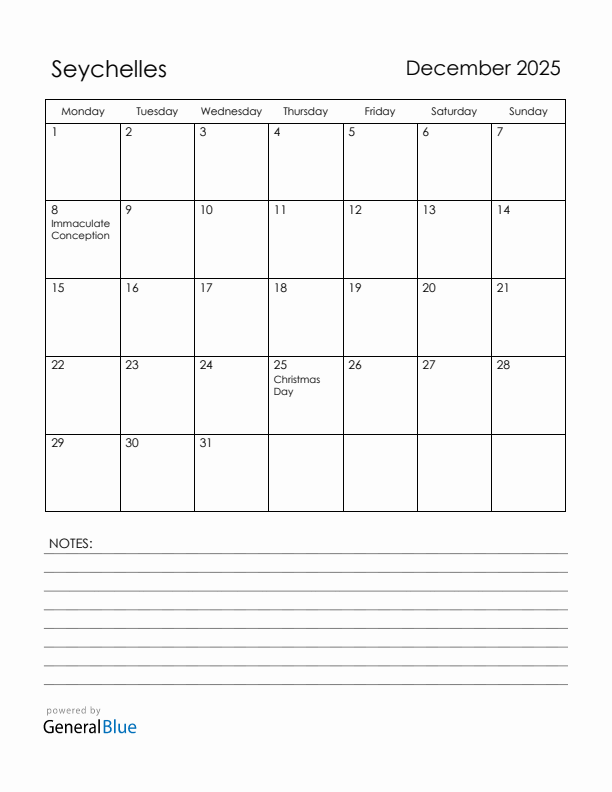 December 2025 Seychelles Calendar with Holidays (Monday Start)