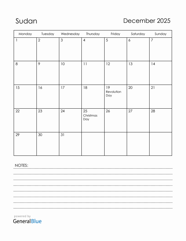 December 2025 Sudan Calendar with Holidays (Monday Start)