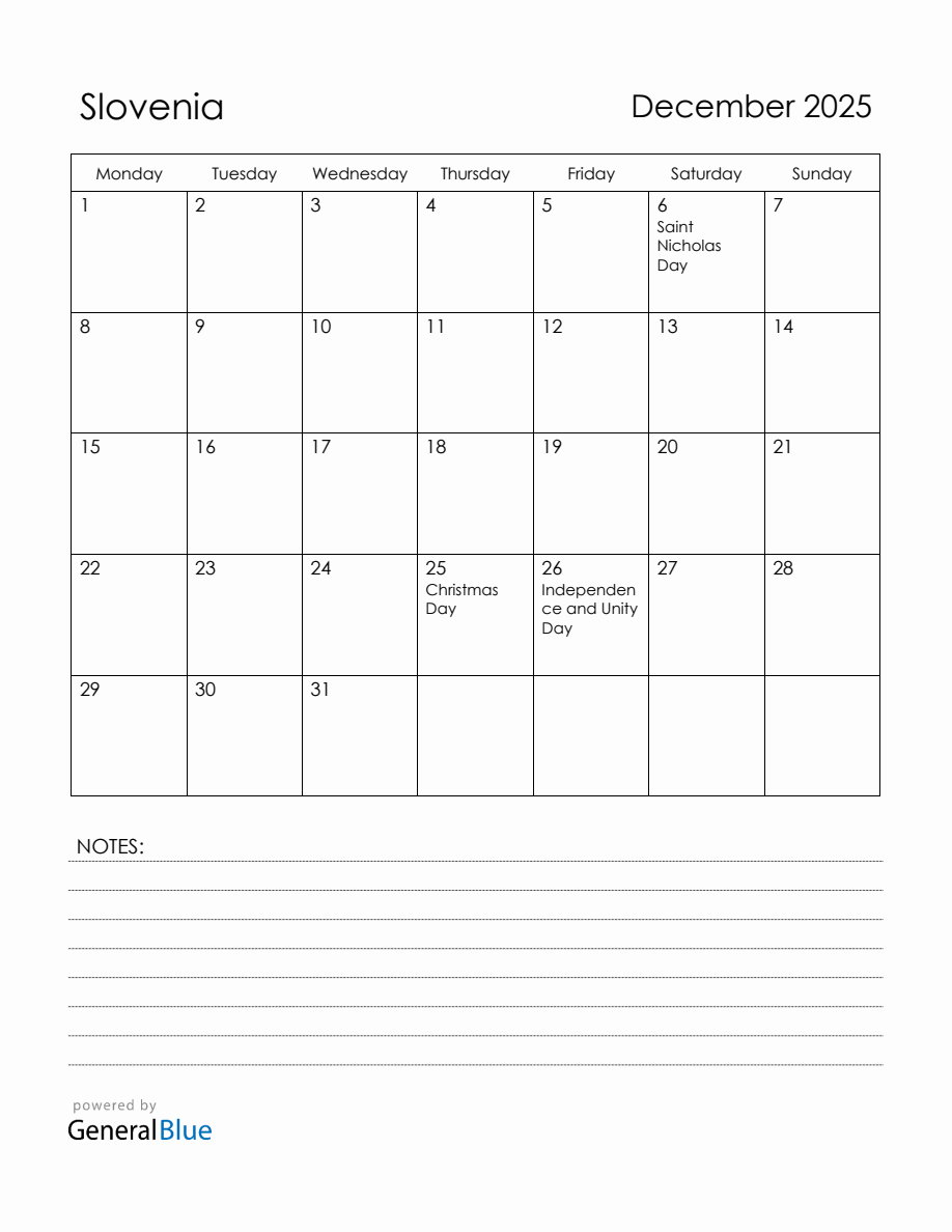 December 2025 Slovenia Calendar with Holidays