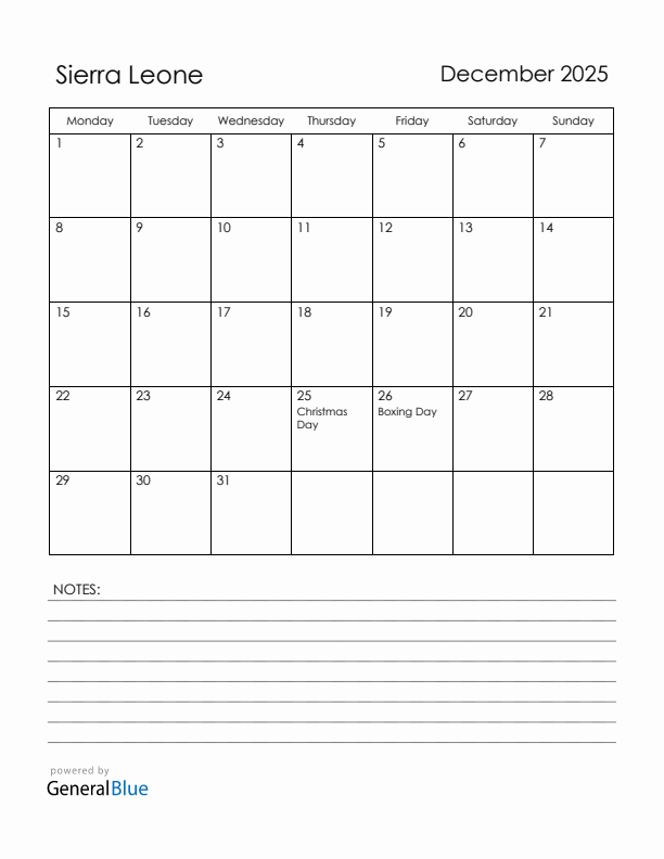 December 2025 Sierra Leone Calendar with Holidays (Monday Start)