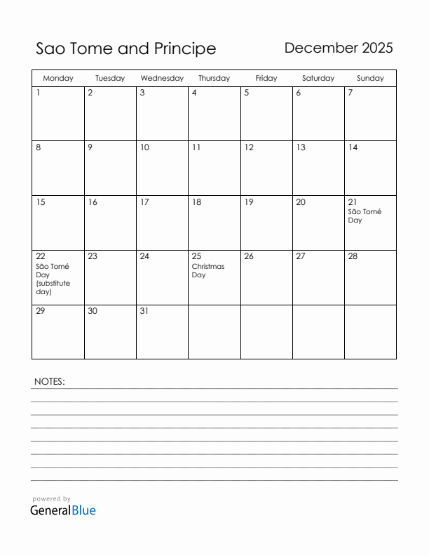 December 2025 Sao Tome and Principe Calendar with Holidays (Monday Start)