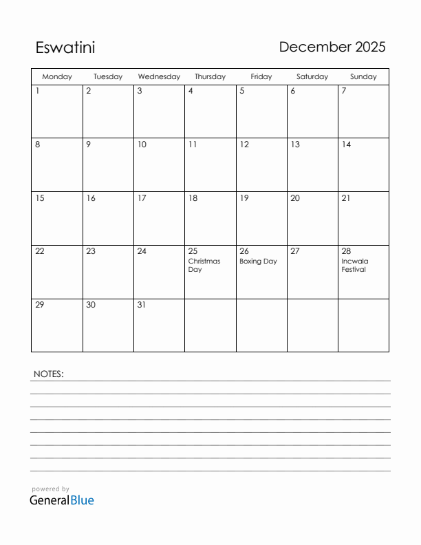 December 2025 Eswatini Calendar with Holidays (Monday Start)