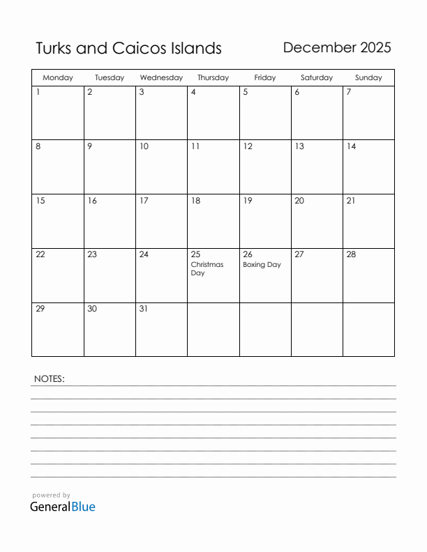 December 2025 Turks and Caicos Islands Calendar with Holidays (Monday Start)