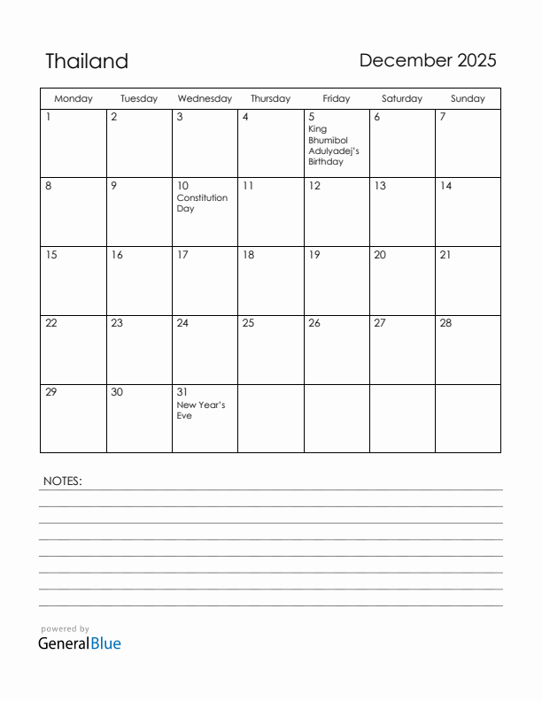 December 2025 Thailand Calendar with Holidays (Monday Start)