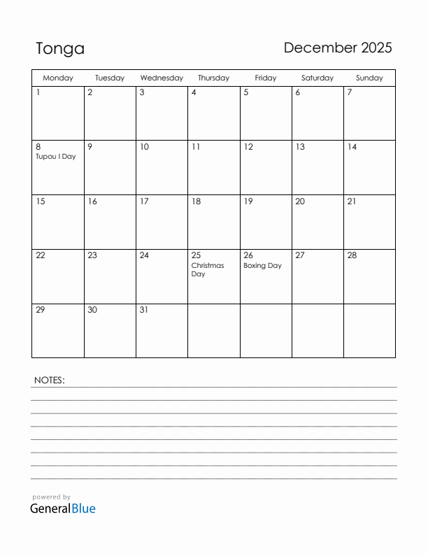 December 2025 Tonga Calendar with Holidays (Monday Start)
