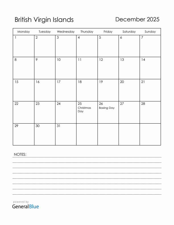 December 2025 British Virgin Islands Calendar with Holidays (Monday Start)