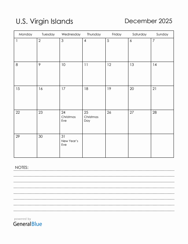 December 2025 U.S. Virgin Islands Calendar with Holidays (Monday Start)
