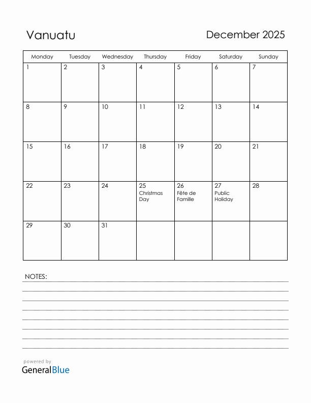December 2025 Vanuatu Calendar with Holidays (Monday Start)