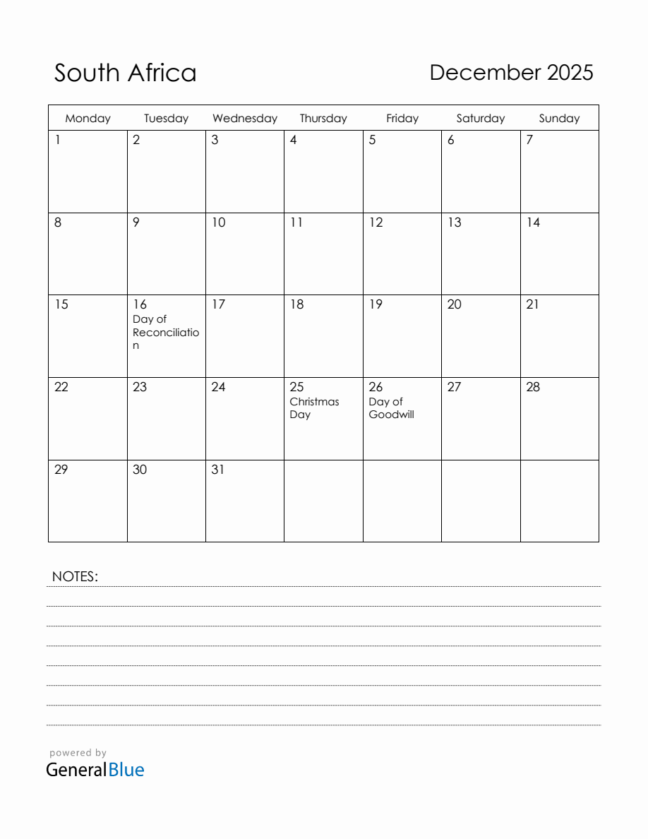 December 2025 South Africa Calendar with Holidays (Monday Start)
