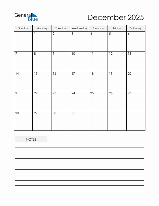 Current month calendar December 2025