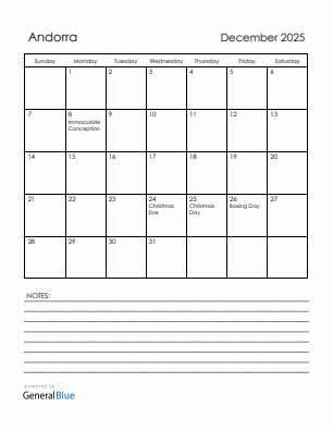 Current month calendar with Andorra holidays for December 2025