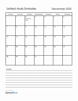 Current month calendar with United Arab Emirates holidays for December 2025