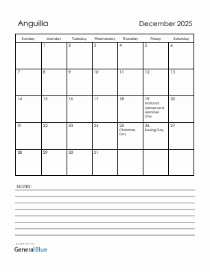 Current month calendar with Anguilla holidays for December 2025