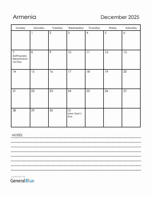 Current month calendar with Armenia holidays for December 2025