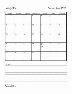 Current month calendar with Angola holidays for December 2025