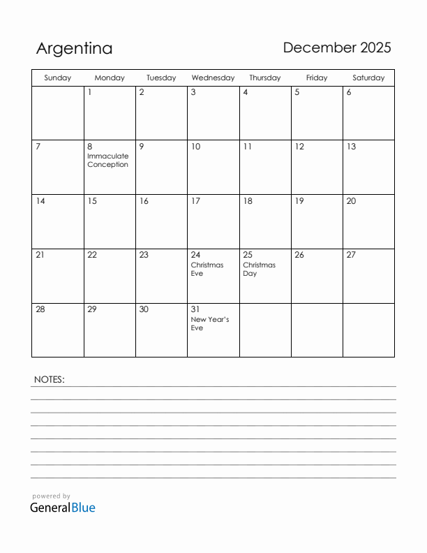 December 2025 Argentina Calendar with Holidays (Sunday Start)