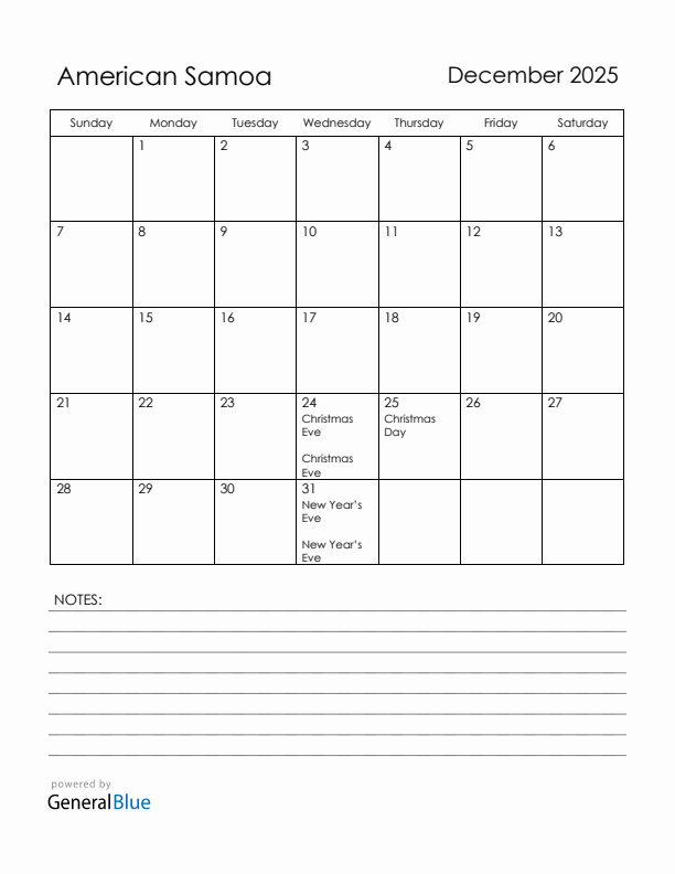 December 2025 American Samoa Calendar with Holidays (Sunday Start)