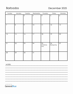 Current month calendar with Barbados holidays for December 2025