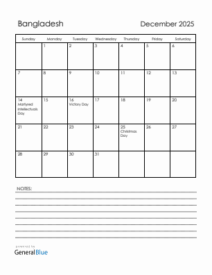 Current month calendar with Bangladesh holidays for December 2025