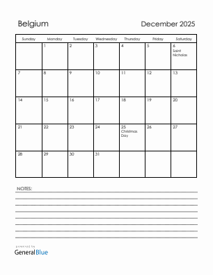 Current month calendar with Belgium holidays for December 2025