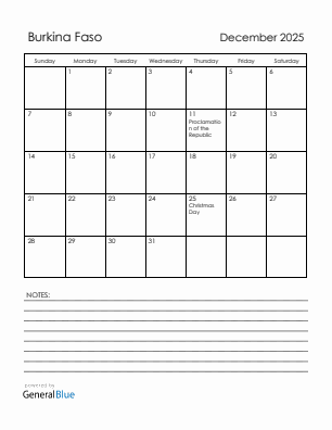Current month calendar with Burkina Faso holidays for December 2025