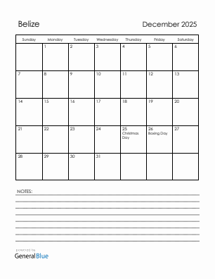 Current month calendar with Belize holidays for December 2025