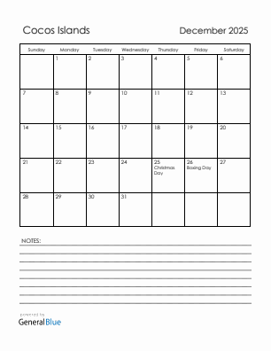 Current month calendar with Cocos Islands holidays for December 2025