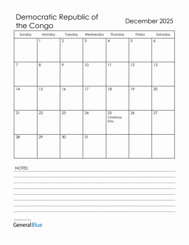 December 2025 Democratic Republic of the Congo Calendar with Holidays (Sunday Start)