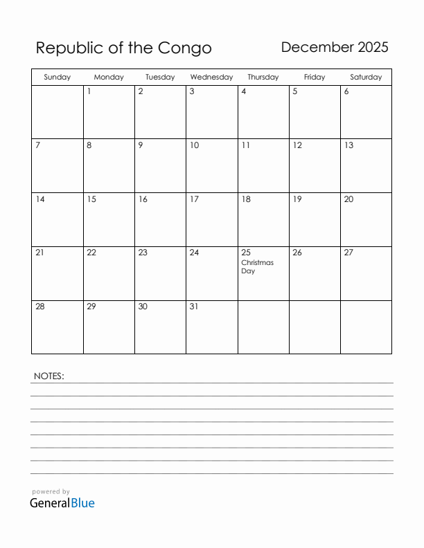 December 2025 Republic of the Congo Calendar with Holidays (Sunday Start)