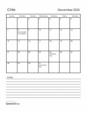 Current month calendar with Chile holidays for December 2025