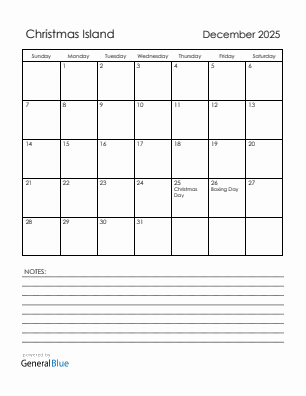 Current month calendar with Christmas Island holidays for December 2025