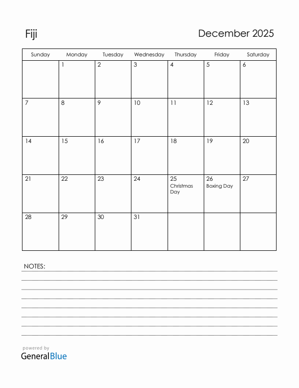December 2025 Fiji Calendar with Holidays (Sunday Start)