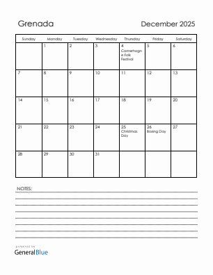 Current month calendar with Grenada holidays for December 2025