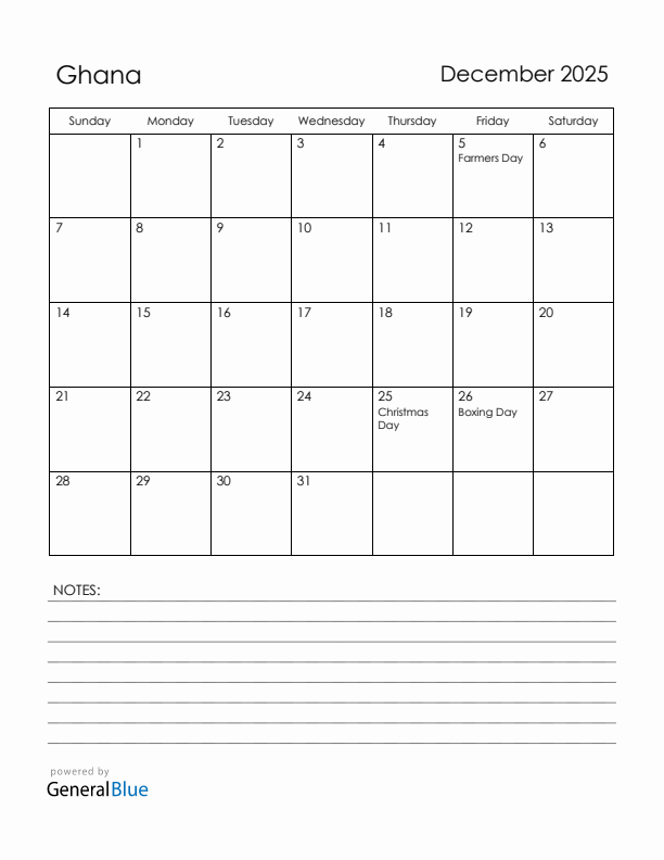 December 2025 Ghana Calendar with Holidays (Sunday Start)