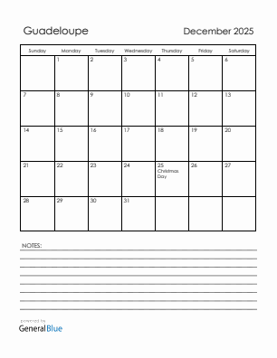 Current month calendar with Guadeloupe holidays for December 2025