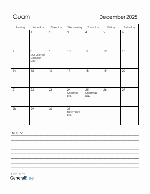 Current month calendar with Guam holidays for December 2025