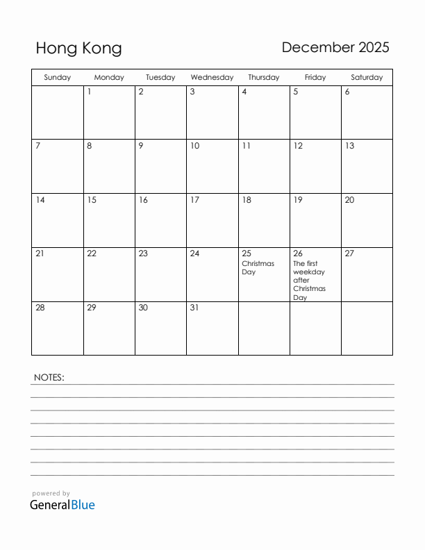 December 2025 Hong Kong Calendar with Holidays (Sunday Start)